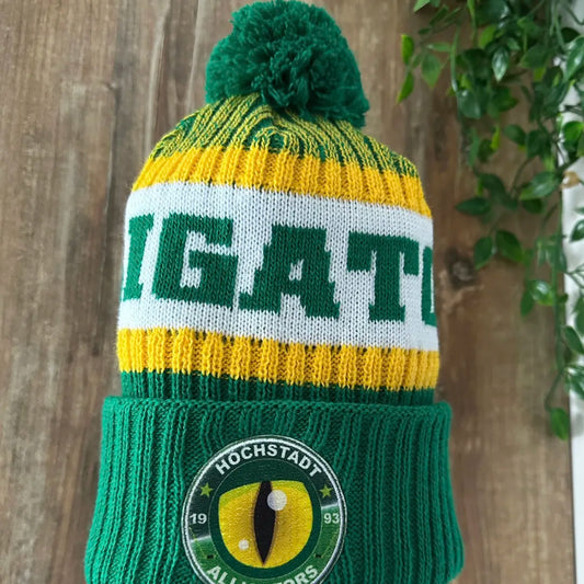 Bommelmütze der Höchstadt Alligators mit Logo auf der Stirnseite.